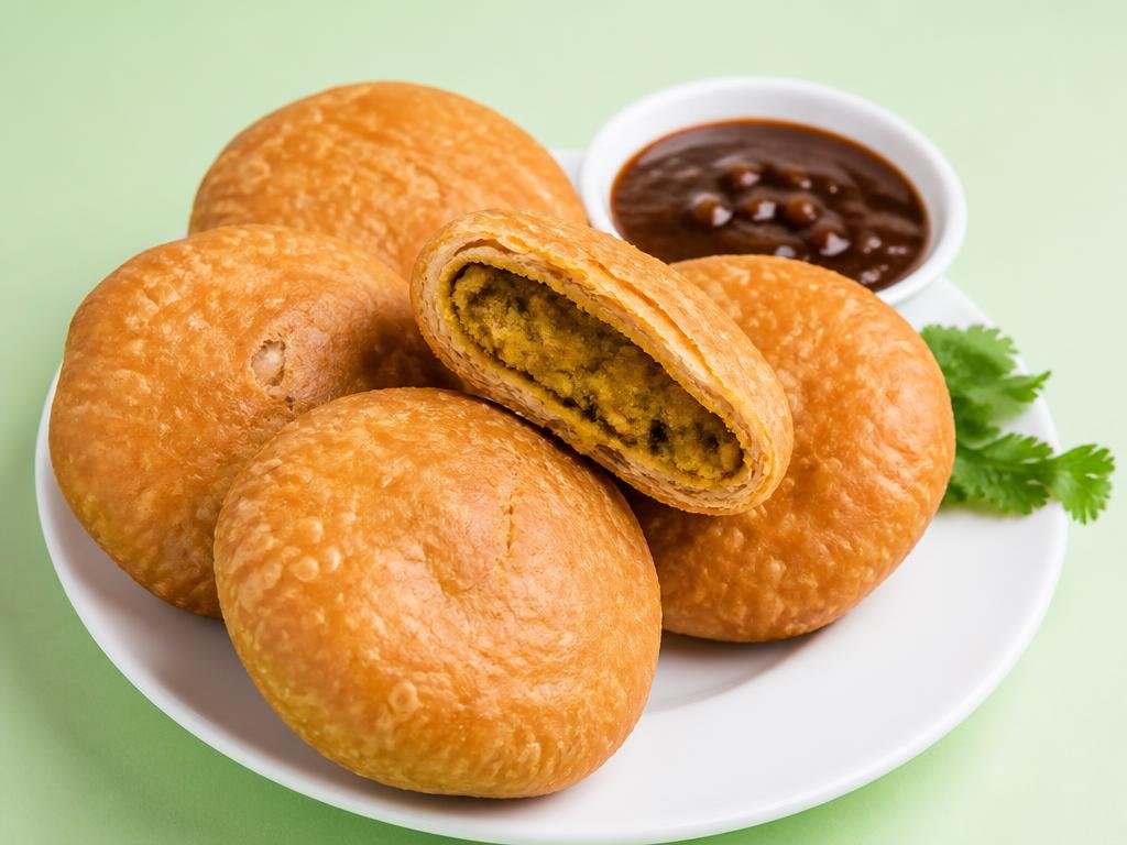 Moong Dal Kachori — Round shaped, flaky pastry shell stuffed with spiced split yellow moong dal.