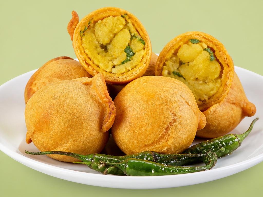 Batata Wada Fry — Spicy potato stuffing coated with chickpea batter.