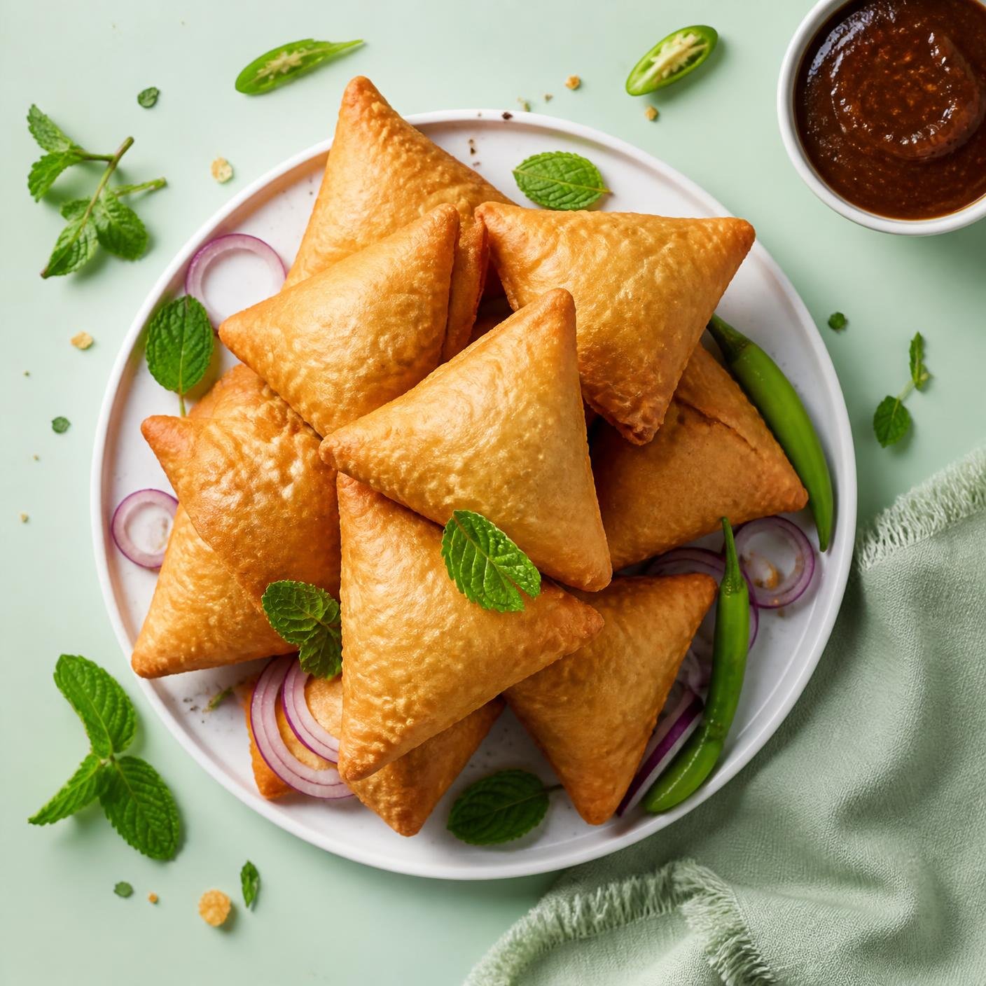 Golden crispy Punjabi samosas served with tamarind chutney