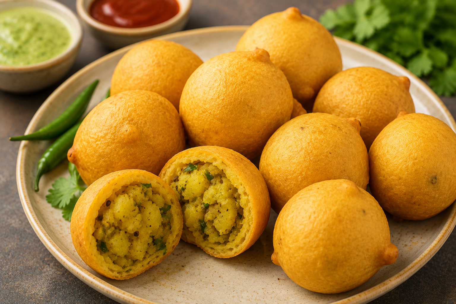 Aloo Bonda — Round shaped, spicy potato stuffing coated with chickpea batter.
