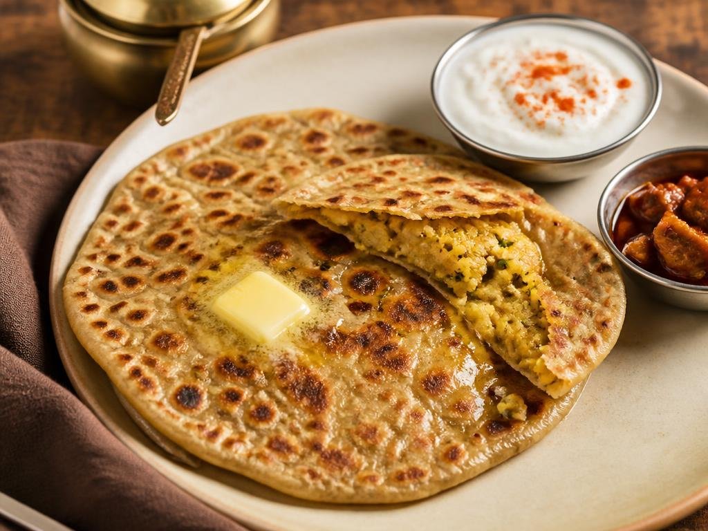 Aloo Paratha — Round shaped bread filled with spice and potato.