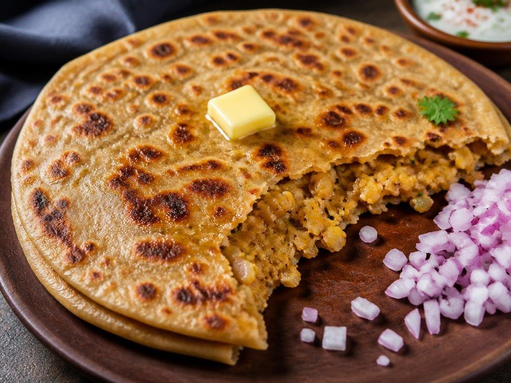 Aloo Pyaz Paratha — Round shaped bread filled with onion, spice and potato.