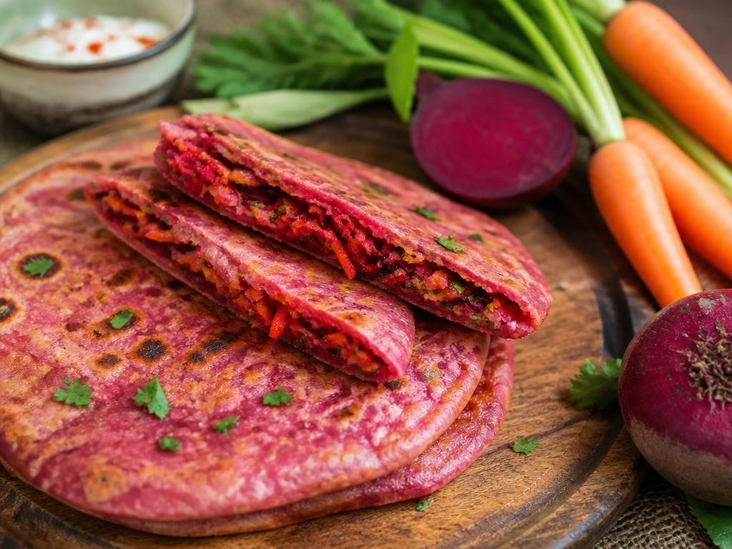 Beetroot Carrot Paratha — Round shaped bread with delicious filling of spiced beetroot.