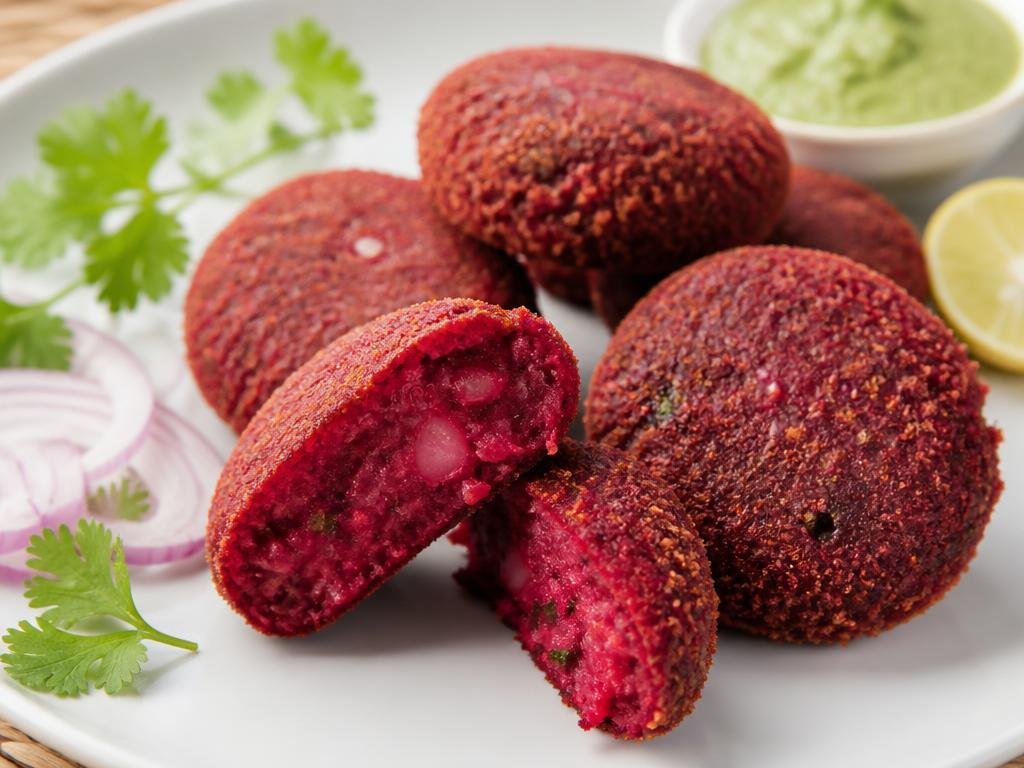 Beetroot Cutlet — Round shape, made from beetroot, potatoes and spices.