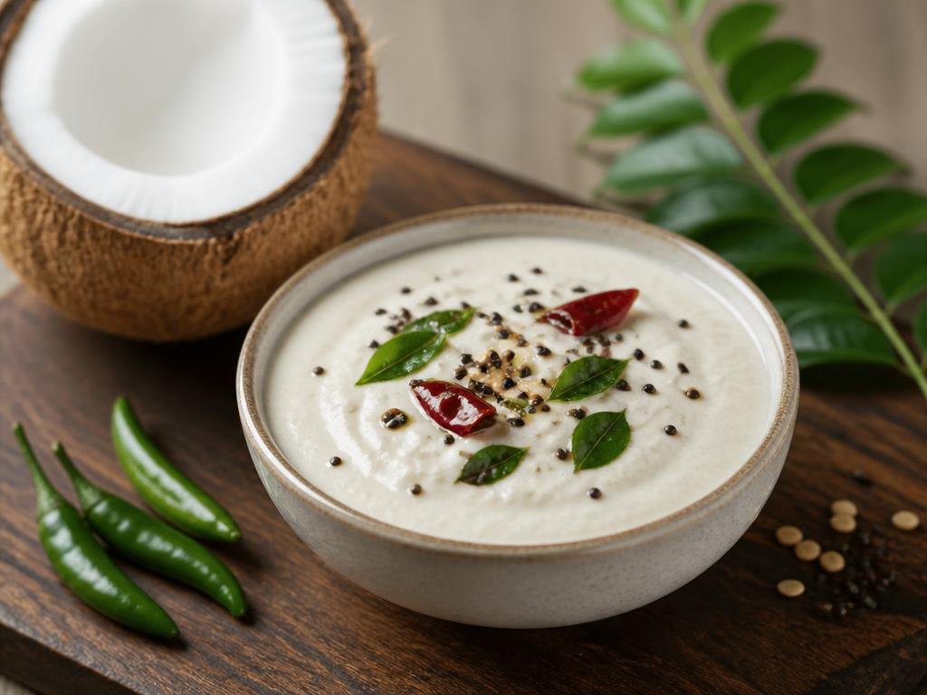 Coconut Chutney — Creamy white colour, made by blending fresh coconut, coriander leaves and green chillies.