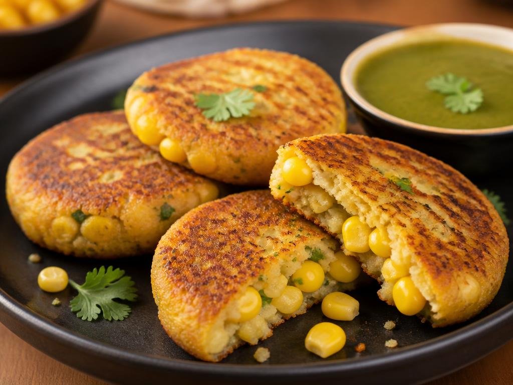 Corn Pattie — Round shape, made with potatoes, corn kernel and spices.