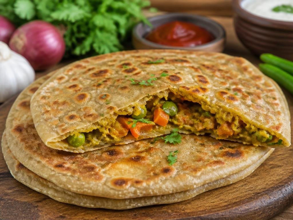 Mix Veg Paratha — Round shaped bread with delicious filling of spiced vegetables.