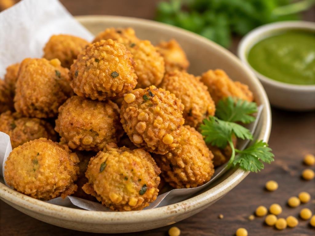 Moong Dal Pakoda — Round shaped, crispy, made from coarsely ground lentil, herbs and spices.