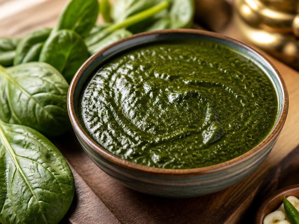 Palak Gravy Concentrate — Palak gravy concentrate (semi solid gravy) made from spinach leaves and spices.