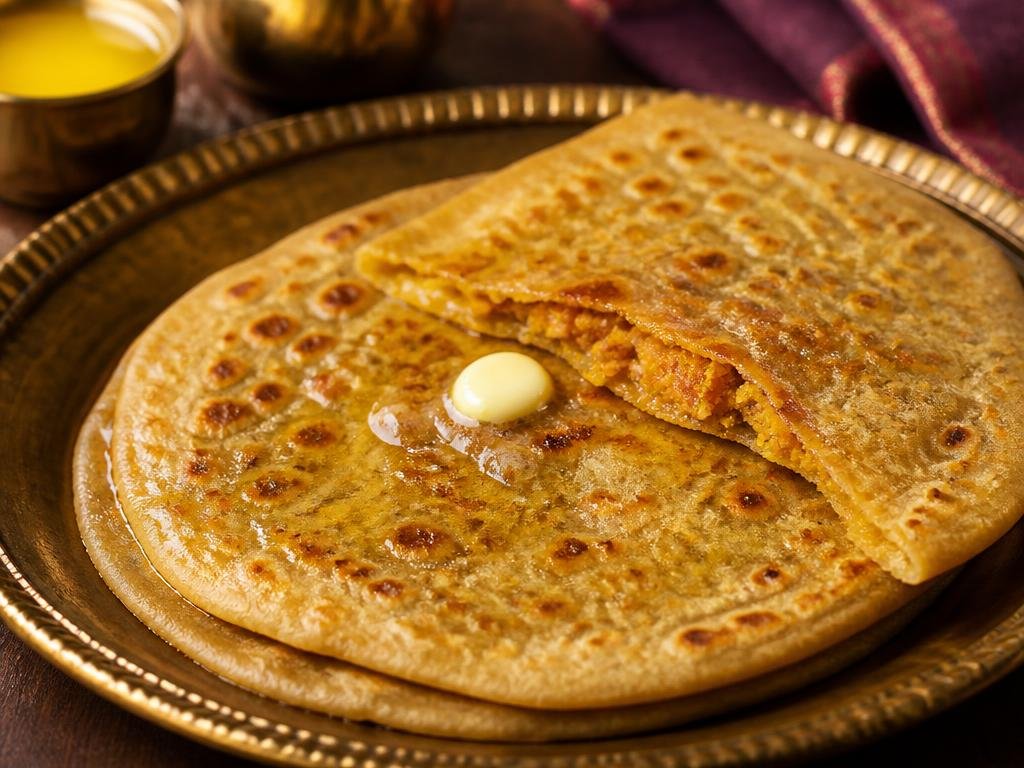 Puran Poli — Round shaped bread filled with chana dal, jaggery and ghee.