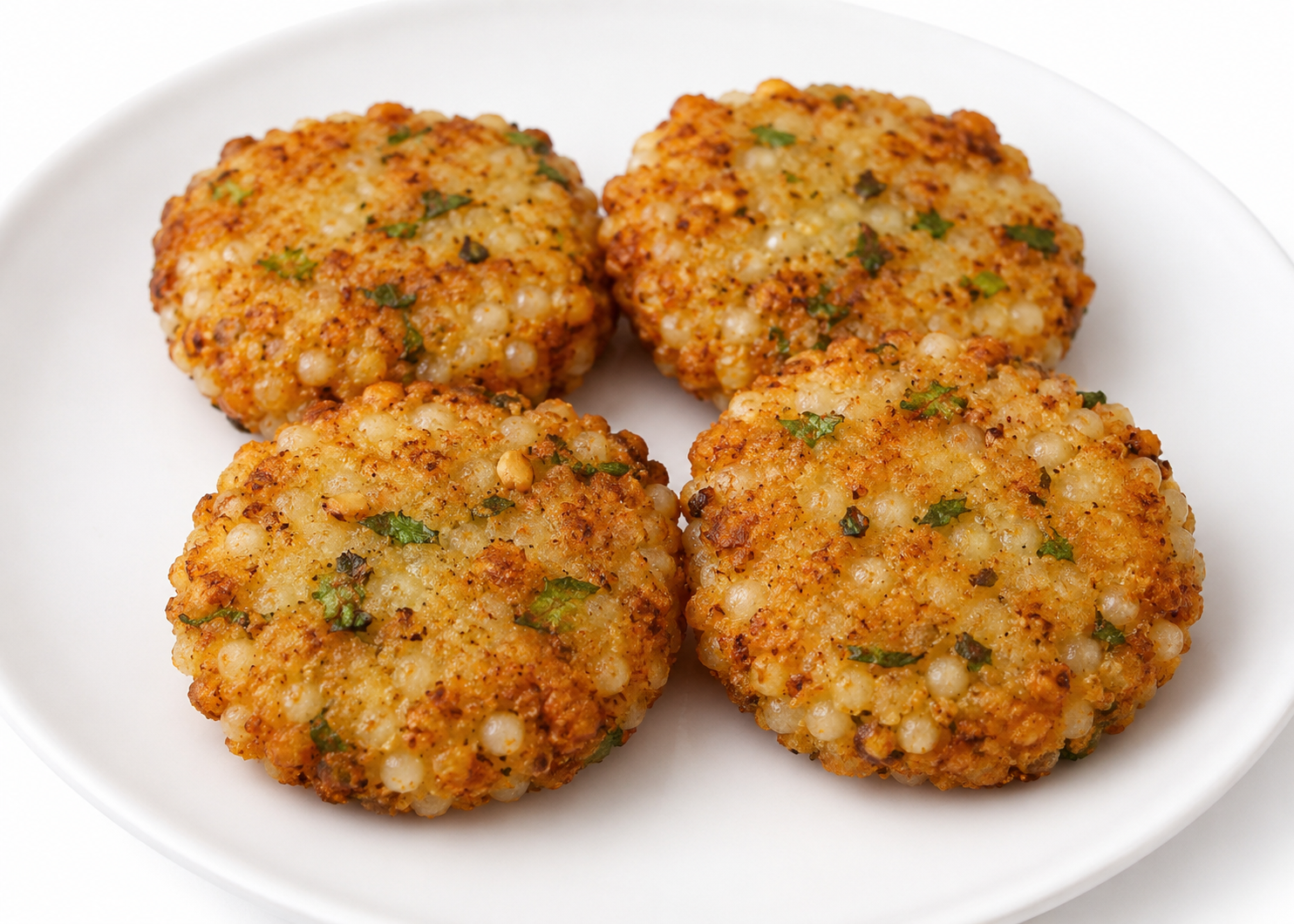 Sabudana Wada — Tapioca seed patty blended with potato, roasted peanut and Indian herbs.