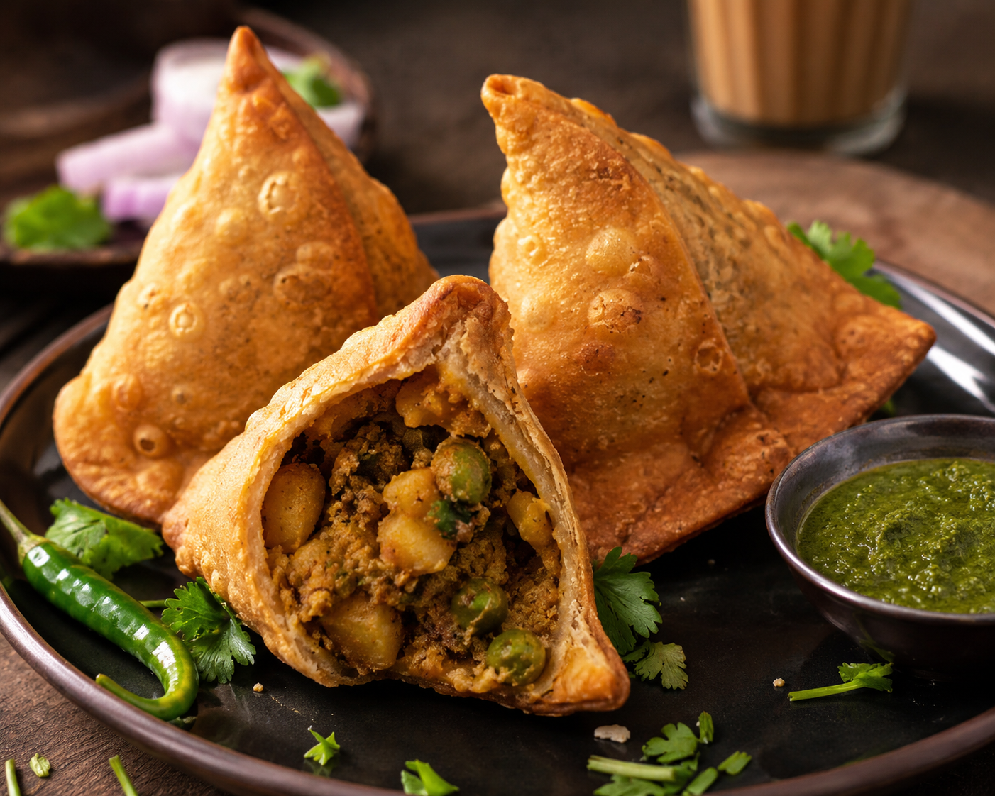 Punjabi Samosa Spicy 003 — Deep fried triangular snack, crispy flaky crust, spiced potato and pea filling.