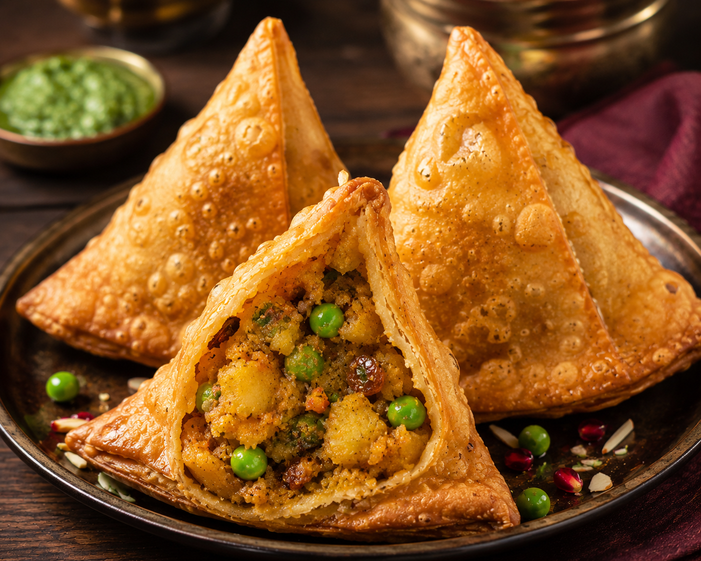 Punjabi Samosa Sweet — Deep fried triangular snack, crispy flaky crust, spiced potato and pea filling, slightly sweet in taste.