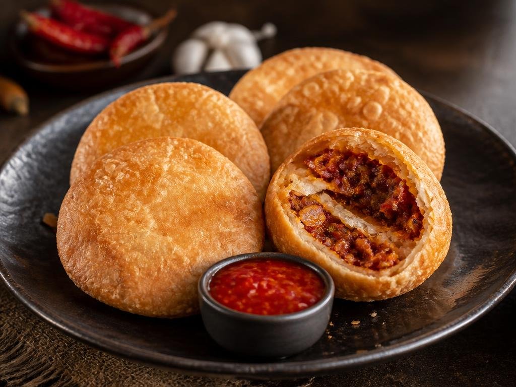 Schezwan Kachori — Round shaped, flaky pastry shell stuffed with ginger, garlic and red chilli.