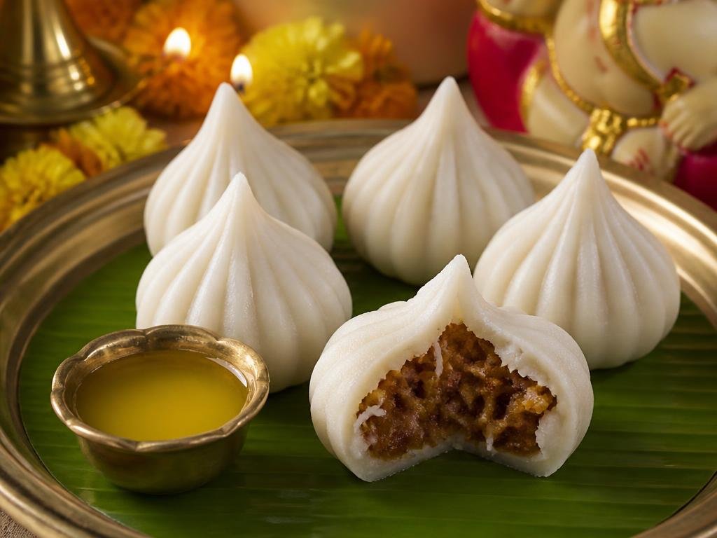 Ukdiche Modak — Indian sweet dumpling with a soft outer shell and sweet filling made of grated coconut.